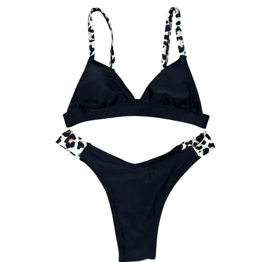 Black‎ Leopard Animal Print Trim Triangle Bikini Swimsuit Women's Size Small